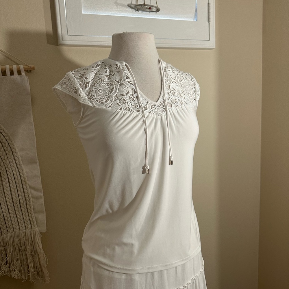 White House Black Market White Matte Jersey Openwork Tank
